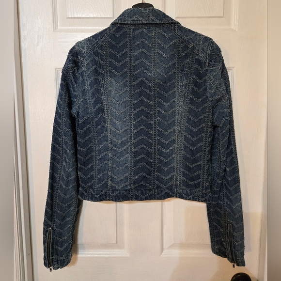 Free People Punched Denim Moto Jacket Herringbone Blue Jean Jacket Size 6 - Picture 3 of 5
